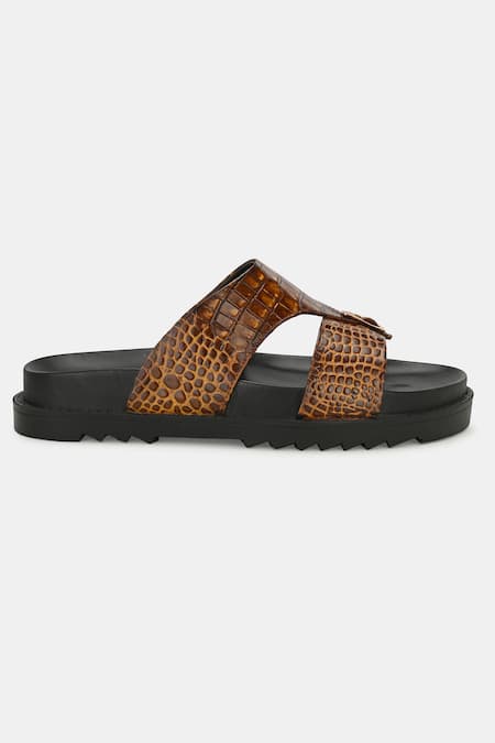 Shop_Lafattio_Brown Arba Textured Buckled Slippers  _Online_at_Aza_Fashions