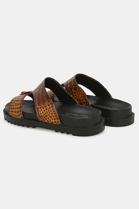 Lafattio_Brown Arba Textured Buckled Slippers  _at_Aza_Fashions