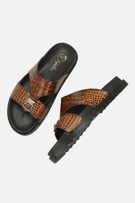 Shop_Lafattio_Brown Arba Textured Buckled Slippers  