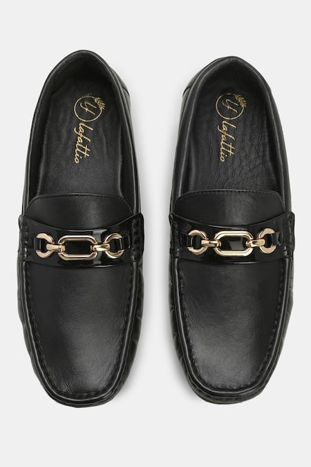 Lafattio Black Buckled Leather Loafers 
