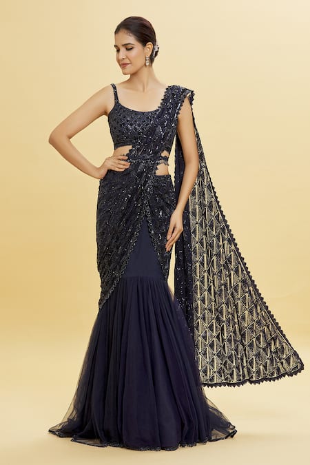 Shlok Design_Blue Net Embroidery Sequin Round Pre-draped Lehenga Saree With Blouse _Online_at_Aza_Fashions