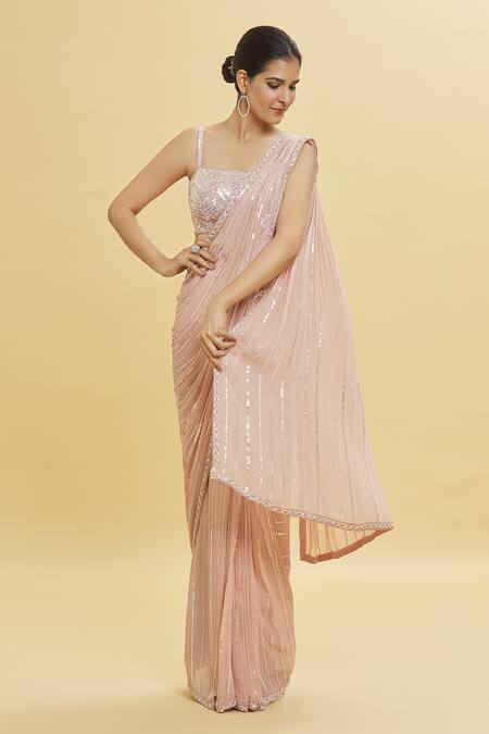 Shlok Design_Pink Georgette Embroidery Embellished Pre-draped Saree With Blouse _Online_at_Aza_Fashions