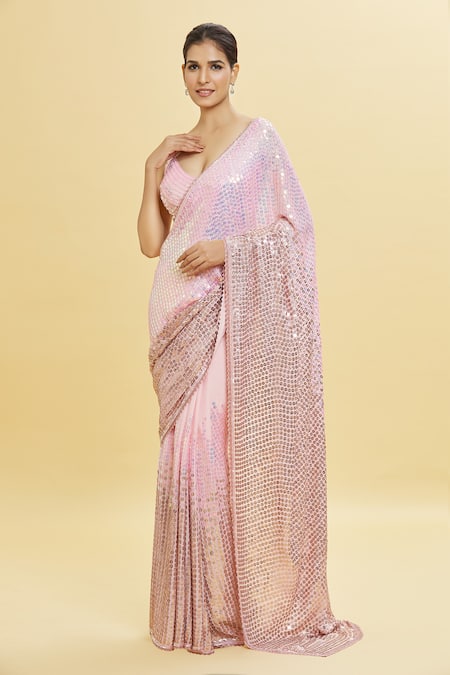 Shlok Design_Pink Chiffon Embroidery Sequin Sweetheart Dual Tone Saree With Blouse _Online_at_Aza_Fashions