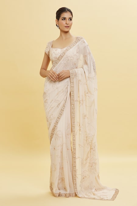 Shlok Design Off White Georgette Embroidery Floral Bloom Work Saree With Blouse Online at Aza Fashions Shlok Design_Off White Georgette Embroidery Floral Bloom Work Saree With Blouse _Online_at_Aza_Fashions