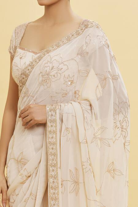 Buy Shlok Design Off White Georgette Embroidery Floral Bloom Work Saree With Blouse Online at Aza Fashions Buy_Shlok Design_Off White Georgette Embroidery Floral Bloom Work Saree With Blouse _Online_at_Aza_Fashions