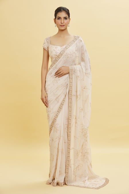 Shlok Design Off White Georgette Embroidery Floral Bloom Work Saree With Blouse at Aza Fashions Shlok Design_Off White Georgette Embroidery Floral Bloom Work Saree With Blouse _at_Aza_Fashions