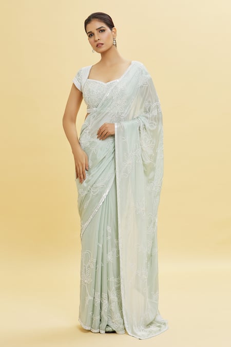 Shlok Design_Green Chiffon Embroidery Sequin Blossom Work Saree With Blouse _Online_at_Aza_Fashions