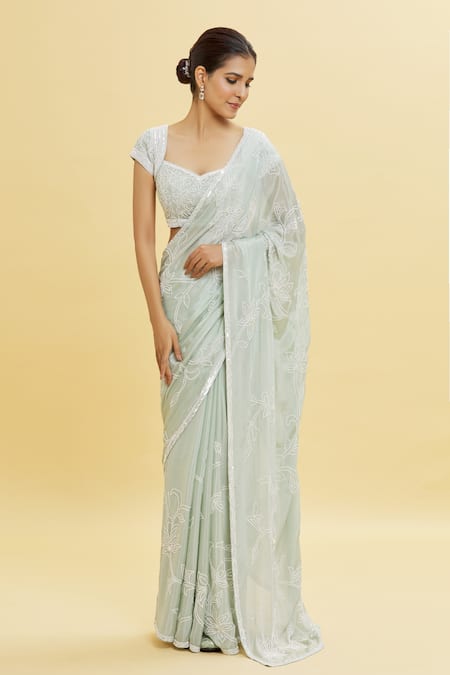 Buy_Shlok Design_Green Chiffon Embroidery Sequin Blossom Work Saree With Blouse _Online_at_Aza_Fashions