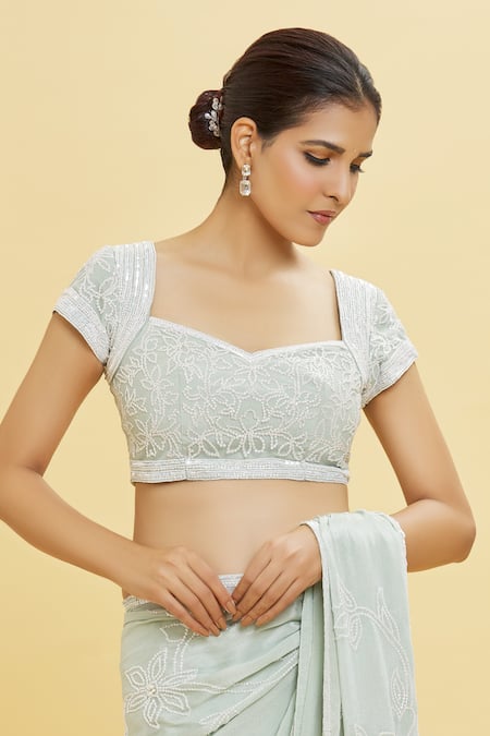 Shlok Design_Green Chiffon Embroidery Sequin Blossom Work Saree With Blouse _at_Aza_Fashions