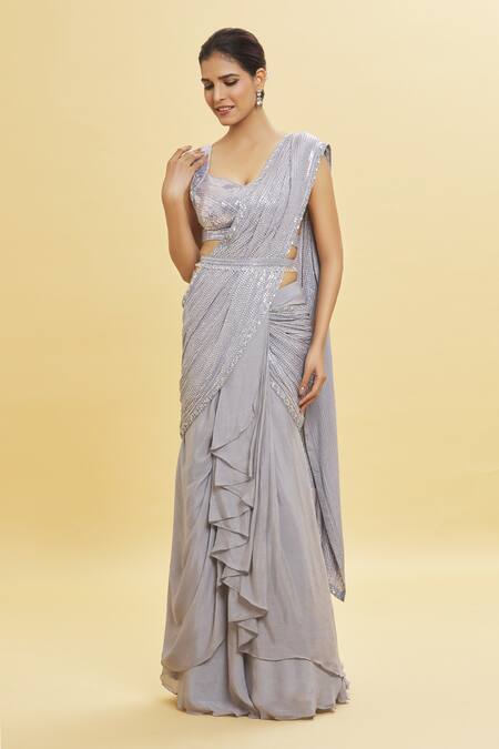 Buy_Shlok Design_Grey Chiffon Embroidery Sequin Work Pre-draped Saree With Blouse _Online_at_Aza_Fashions