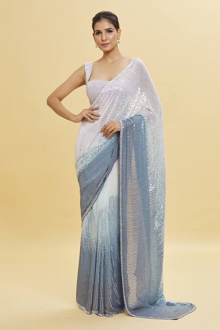 Buy_Shlok Design_Multi Color Georgette Embroidery Sequin Ombre Saree With Blouse _Online_at_Aza_Fashions