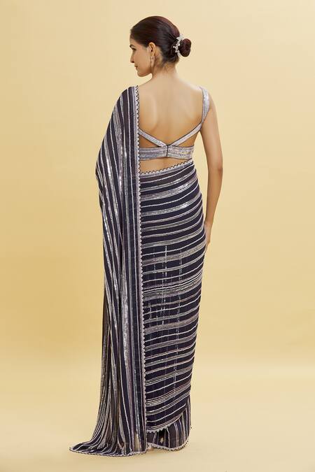 Shop Shlok Design Blue Georgette Embroidery Sequin Sweetheart Stripe Saree With Blouse at Aza Fashions Shop_Shlok Design_Blue Georgette Embroidery Sequin Sweetheart Stripe Saree With Blouse _at_Aza_Fashions