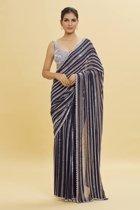 Shlok Design Blue Georgette Embroidery Sequin Sweetheart Stripe Saree With Blouse Online at Aza Fashions Shlok Design_Blue Georgette Embroidery Sequin Sweetheart Stripe Saree With Blouse _Online_at_Aza_Fashions