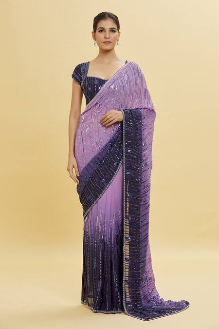 Buy_Shlok Design_Purple Georgette Embroidery Sequin Shaped Ombre Saree With Blouse _Online_at_Aza_Fashions