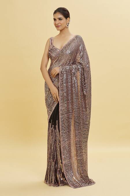Shlok Design_Black Chiffon Embellished Sequins Sweetheart Coin Saree With Blouse _Online_at_Aza_Fashions