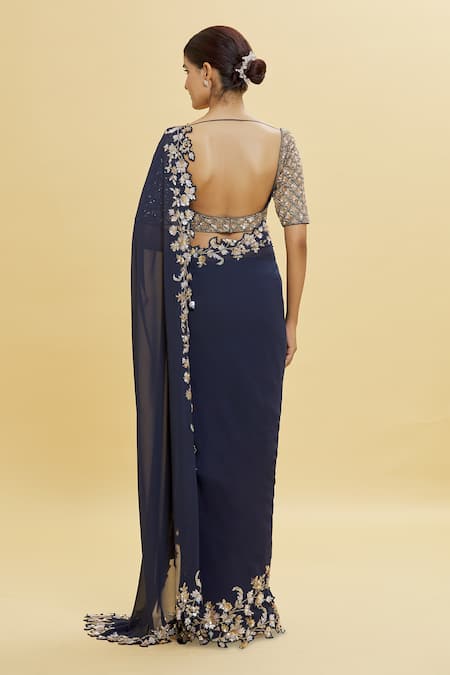 Shlok Design Blue Georgette Embellished Floral Cut-work Border Saree With Blouse 2