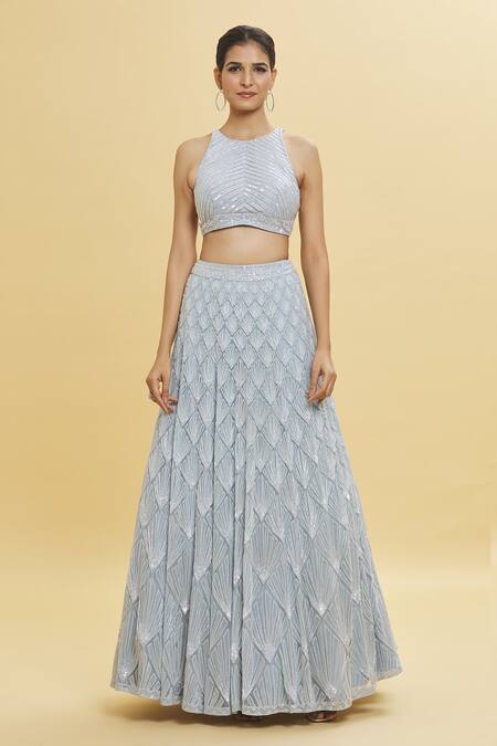 Shlok Design_Blue Net Sequins, Beads Round Neck Shell Embroidered Lehenga Set_Online_at_Aza_Fashions