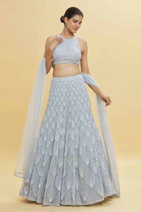 Shop_Shlok Design_Blue Net Sequins, Beads Round Neck Shell Embroidered Lehenga Set_Online_at_Aza_Fashions