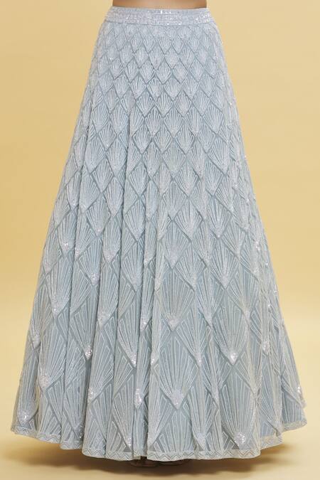 Shlok Design_Blue Net Sequins, Beads Round Neck Shell Embroidered Lehenga Set_at_Aza_Fashions