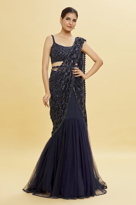 Shlok Design_Blue Net Embroidery Sequin Round Pre-draped Lehenga Saree With Blouse _at_Aza_Fashions