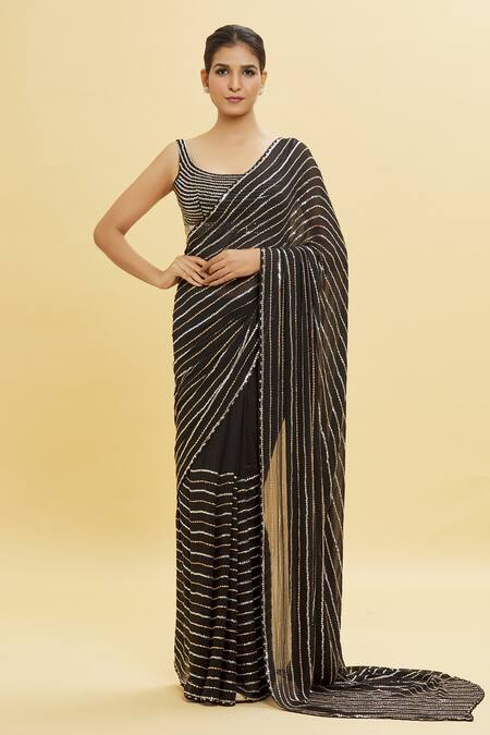 Shlok Design Black Georgette Embroidery Linear Grid Pattern Saree With Blouse at Aza Fashions Shlok Design_Black Georgette Embroidery Linear Grid Pattern Saree With Blouse _at_Aza_Fashions