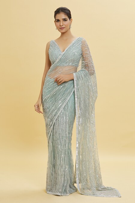 Shlok Design Green Net Embellished Sequins V Neck Linear Saree With Blouse 