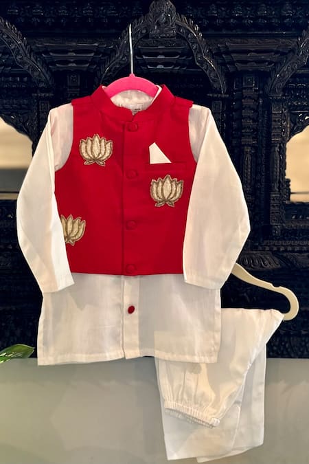 Rage Attire-Sweta Saria Red Cotton, Silk, Bamboo Zari, Beads, Lotus Work Kurta Set With Nehru Jacket