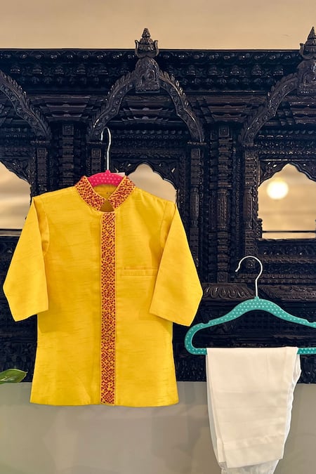 Rage Attire-Sweta Saria Yellow Bamboo, Cotton Embroidery Placket Bullion Sherwani With Pajama