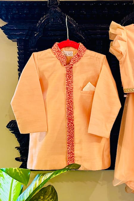 Shop Rage Attire-Sweta Saria Peach Bamboo, Cotton Embroidery Placement Bullion Sherwani With Pajama at Aza Fashions Shop_Rage Attire-Sweta Saria_Peach Bamboo, Cotton Embroidery Placement Bullion Sherwani With Pajama _at_Aza_Fashions