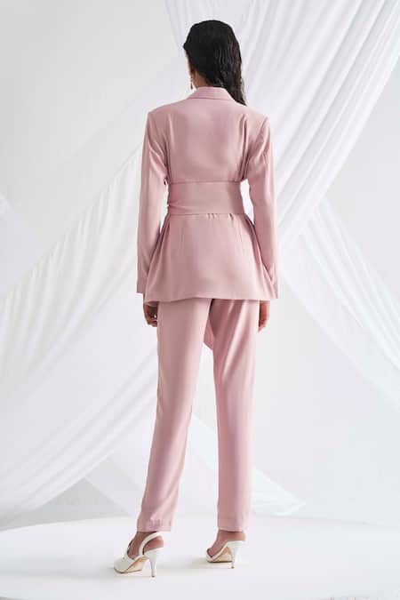Detales Lapel Collar Pink Suit & Pant Set 