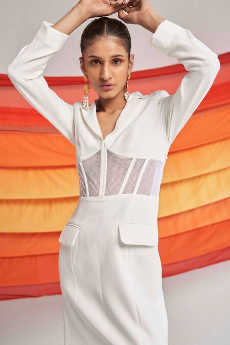 Buy_Detales_Ivory Banana Crepe Notched Lapel Kylie Corset Blazer Dress_Online_at_Aza_Fashions