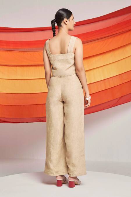 Buy Beige Linen Square Neck Strap Top And Palazzo Pant Set For