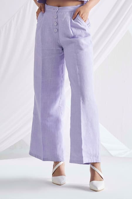 Buy_Detales_Purple Linen Square Neck Strap Top And Palazzo Pant Set_Online_at_Aza_Fashions
