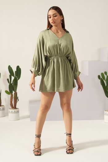 Detales_Green Nirvana Crepe Plain Spread Collar Kim Gathered Puff Sleeve Dress_Online_at_Aza_Fashions