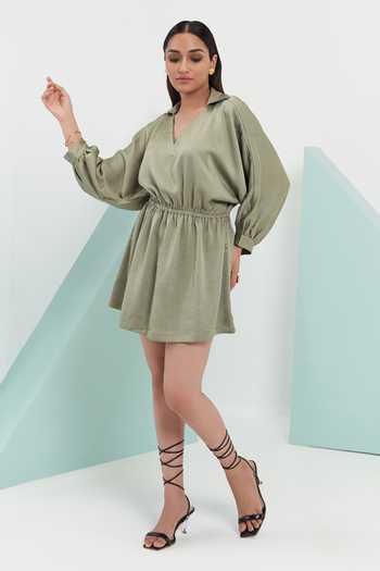 Buy_Detales_Green Nirvana Crepe Plain Spread Collar Kim Gathered Puff Sleeve Dress_Online_at_Aza_Fashions