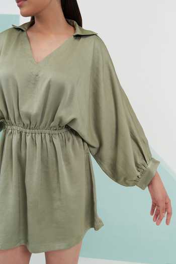 Shop_Detales_Green Nirvana Crepe Plain Spread Collar Kim Gathered Puff Sleeve Dress_Online_at_Aza_Fashions