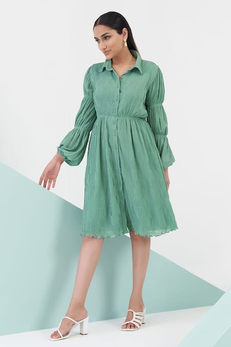 Bell sleeve layered outlet ruffles pleated shirt dress