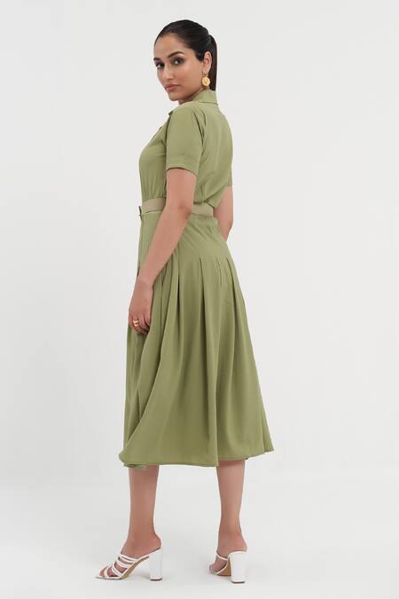 Shop Detales Green Textured Crepe Plain Notched Spread Collar Jane Box Pleated Shirt Dress at Aza Fashions Shop_Detales_Green Textured Crepe Plain Notched Spread Collar Jane Box Pleated Shirt Dress_at_Aza_Fashions