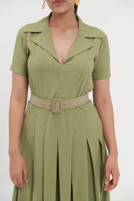 Buy Detales Green Textured Crepe Plain Notched Spread Collar Jane Box Pleated Shirt Dress Online at Aza Fashions Buy_Detales_Green Textured Crepe Plain Notched Spread Collar Jane Box Pleated Shirt Dress_Online_at_Aza_Fashions