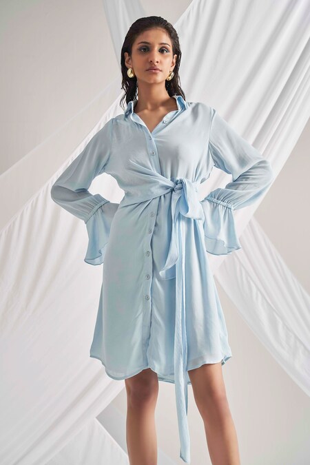 Detales Blue Double Georgette Plain Collared Neck Bree Knotted Pastel Shirt Dress