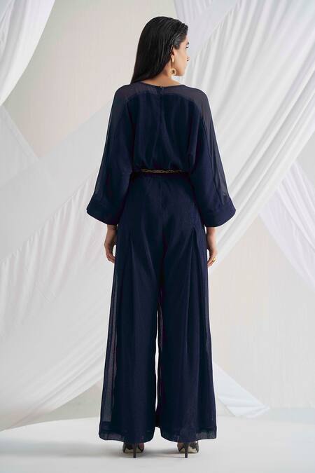 Shop Detales Blue Chiffon Pleat Plain V Neck Myra Jumpsuit at Aza Fashions Shop_Detales_Blue Chiffon Pleat Plain V Neck Myra Jumpsuit_at_Aza_Fashions