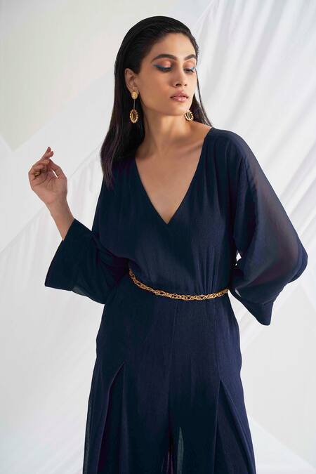 Detales Blue Chiffon Pleat Plain V Neck Myra Jumpsuit Online at Aza Fashions Detales_Blue Chiffon Pleat Plain V Neck Myra Jumpsuit_Online_at_Aza_Fashions
