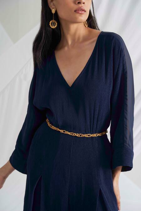 Buy Detales Blue Chiffon Pleat Plain V Neck Myra Jumpsuit Online at Aza Fashions Buy_Detales_Blue Chiffon Pleat Plain V Neck Myra Jumpsuit_Online_at_Aza_Fashions