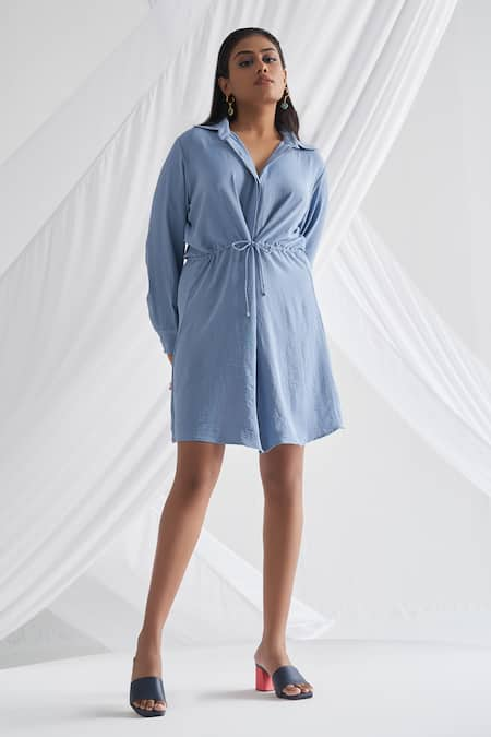 Detales Blue Latte Crepe Plain Collared Neck Emily Shirt Dress