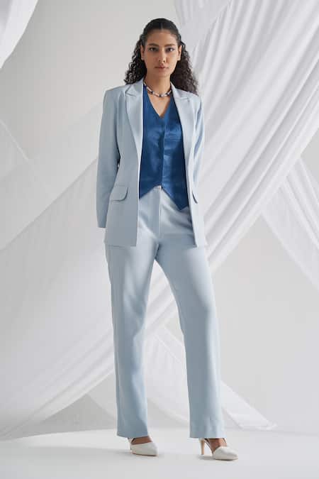 Buy Sky Blue Blazer And Trouser - Banana Crepe Billie Jean Waistcoat & Set  For Women by Detales Online at Aza Fashions.