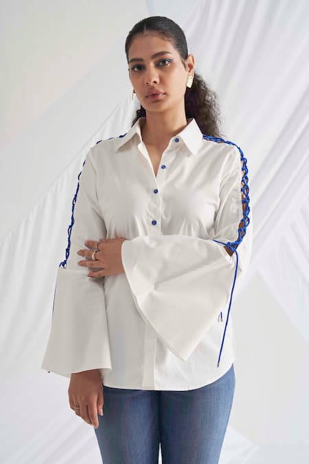Detales White Poplin Solid Shirt Collar Vittoria Lace Up Sleeve