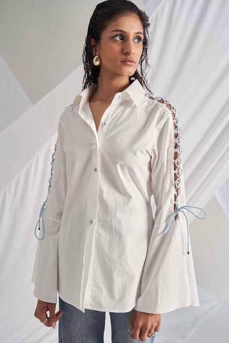Detales White Poplin Solid Shirt Collar Lace Up Sleeve