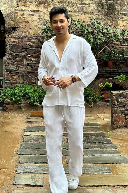 Shop_Detales_White Crush Cotton Solid Pleated Textured Shirt With Pant_Online_at_Aza_Fashions