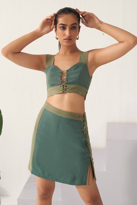 Detales_Green Cherry Crepe Colour Block V Neck Ava Patchwork Top With Skirt_Online_at_Aza_Fashions