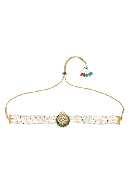 Shop_MAISARA JEWELRY_Green Geometric Shaped Layered Pendant Choker _at_Aza_Fashions